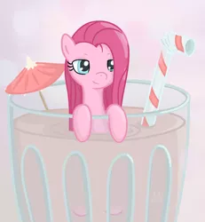 Size: 2156x2336 | Tagged: safe, artist:astranordy, derpibooru import, pinkie pie, earth pony, pony, cup of pony, cute, cuteamena, drink, female, leaning, lidded eyes, mare, micro, pinkamena diane pie, shrunk, smiling, solo, straw, tiny ponies, umbrella, wet mane