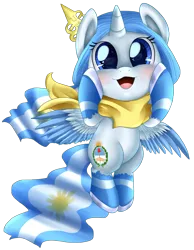 Size: 2221x2862 | Tagged: safe, artist:pridark, derpibooru import, oc, oc:princess argenta, ponified, unofficial characters only, alicorn, pony, :3, adorable face, alicorn oc, argentina, blushing, colored wings, colored wingtips, cute, looking at you, nation ponies, neckerchief, ocbetes, open mouth, pridark is trying to murder us, simple background, smiling, solo, spread wings, transparent background