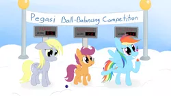 Size: 8000x4500 | Tagged: safe, artist:zirbronium, derpibooru import, derpy hooves, rainbow dash, scootaloo, pegasus, pony, absurd resolution, balancing, contest, female, juggling, mare, ponies balancing stuff on their nose