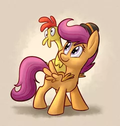 Size: 879x921 | Tagged: safe, artist:thedoggygal, derpibooru import, boneless, scootaloo, hat, rubber chicken, solo