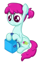 Size: 1440x2304 | Tagged: safe, artist:thecheeseburger, derpibooru import, fruit pack, ruby splash, earth pony, pony, background pony, backpack, solo