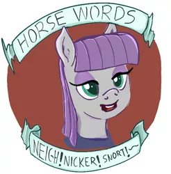 Size: 586x596 | Tagged: artist:hereticalrants, derpibooru import, horse noises, horses doing horse things, maud pie, mouthpiece, old banner, parody, safe, solo