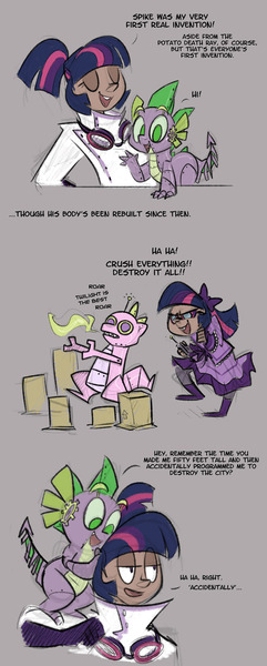 Size: 869x2163 | Tagged: artificial intelligence, artist:egophiliac, clothes, comic, cute, derpibooru import, goggles, human, humanized, lab coat, mama twilight, potato death ray, robot, safe, scientist, spike, steampunk, steamquestria, twilight sparkle