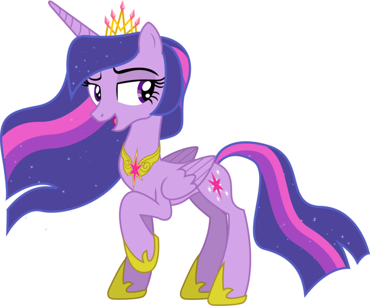 Size: 3618x3000 | Tagged: safe, artist:theshadowstone, derpibooru import, twilight sparkle, twilight sparkle (alicorn), alicorn, pony, bedroom eyes, crown, element of magic, ethereal mane, female, hilarious in hindsight, mare, necklace, new crown, older, open mouth, raised hoof, smiling, solo, ultimate twilight
