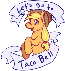 Size: 900x984 | Tagged: applejack, artist:asofterbucky, dead source, derpibooru import, fast food, mouthpiece, old banner, parody, safe, solo, taco, taco bell