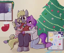 Size: 1000x832 | Tagged: safe, artist:lulubell, derpibooru import, amethyst star, derpy hooves, dinky hooves, anthro, awwmethyst star, christmas, christmas tree, clothes, crying, cute, derpabetes, dinkabetes, equestria's best daughter, equestria's best mother, equestria's other best daughter, group hug, happy, hearth's warming, hug, kneeling, open mouth, present, sitting, smiling, sweater, tears of joy, tree, underp, unshorn fetlocks, window