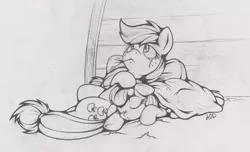 Size: 3060x1856 | Tagged: apple bloom, applejack, artist:dfectivedvice, blanket, crying, derpibooru import, eyes closed, floppy ears, grayscale, looking up, monochrome, mouth hold, on back, pouting, prone, sad, safe, sisters, sleeping, snuggling, traditional art