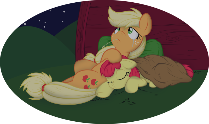 Size: 6500x3844 | Tagged: adorabloom, applebetes, apple bloom, applejack, artist:dfectivedvice, artist:hourglass-vectors, blanket, colored, crying, cute, derpibooru import, jackabetes, night, sad, safe, simple background, sisters, sleeping, .svg available, transparent background, vector