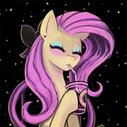 Size: 675x675 | Tagged: artist:lumineko, coffee, eyeshadow, fluttershy, iced coffee, makeup, safe, solo