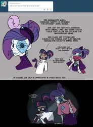 Size: 1118x1522 | Tagged: artificial intelligence, artist:egophiliac, ask, clothes, comic, derpibooru import, goggles, human, humanized, lab coat, pony coloring, rarity, robot, safe, scientist, steampunk, steamquestria, tumblr, twilight sparkle