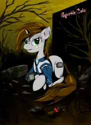 Size: 880x1200 | Tagged: safe, artist:hereticofdune, derpibooru import, oc, oc:littlepip, unofficial characters only, pony, unicorn, fallout equestria, fanfic, clothes, cloud, cloudy, cutie mark, dead tree, fanfic art, female, hooves, horn, lying down, mare, pipbuck, prone, solo, tree, vault suit, wasteland