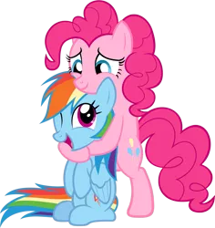 Size: 1591x1685 | Tagged: safe, artist:zacatron94, derpibooru import, pinkie pie, rainbow dash, female, hug, lesbian, open mouth, pinkiedash, shipping, show accurate, simple background, smiling, transparent background, vector