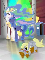 Size: 1125x1500 | Tagged: safe, artist:hereticofdune, derpibooru import, derpy hooves, princess celestia, princess luna, pegasus, pony, doctor who, female, mare, muffin, s1 luna, tardis