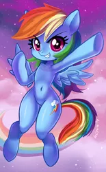 Size: 900x1450 | Tagged: dead source, safe, artist:feli, derpibooru import, rainbow dash, semi-anthro, belly button, cloud, cute, dashabetes, pixiv, rainbow trail, sky, smiling, solo, wide hips