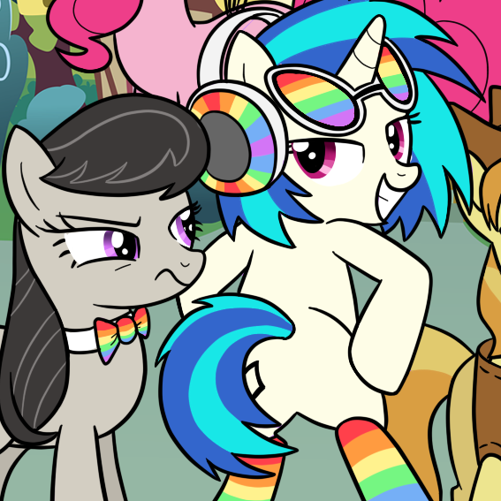 Size: 567x567 | Tagged: artist:drawponies, bowtie, braeburn, butt shake, clothes, derpibooru import, grin, looking back, octavia melody, pinkie pie, plot, rainbow socks, safe, smiling, socks, stockings, striped socks, unamused, vinyl scratch, wip