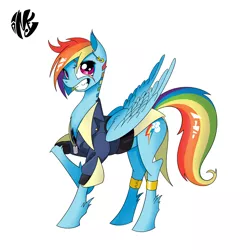 Size: 3000x3000 | Tagged: safe, artist:inkypsycho, derpibooru import, rainbow dash, pegasus, pony, fallout equestria, fanfic, dog tags, fanfic art, female, hooves, mare, ministry mares, piercing, simple background, smiling, solo, teeth, white background, wings