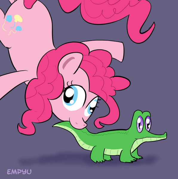 Size: 800x805 | Tagged: artist:empyu, derpibooru import, gummy, pinkie pie, role reversal, safe, tail bite