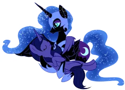 Size: 3934x2850 | Tagged: safe, artist:strychninehellfriend, derpibooru import, nightmare moon, oc, oc:rhia, alicorn, pony, alicorn oc, canon x oc, commission, cuddling, eyes closed, hug, nicemare moon, on back, prone, simple background, sleeping, smiling, snuggling, transparent background, vector, winghug