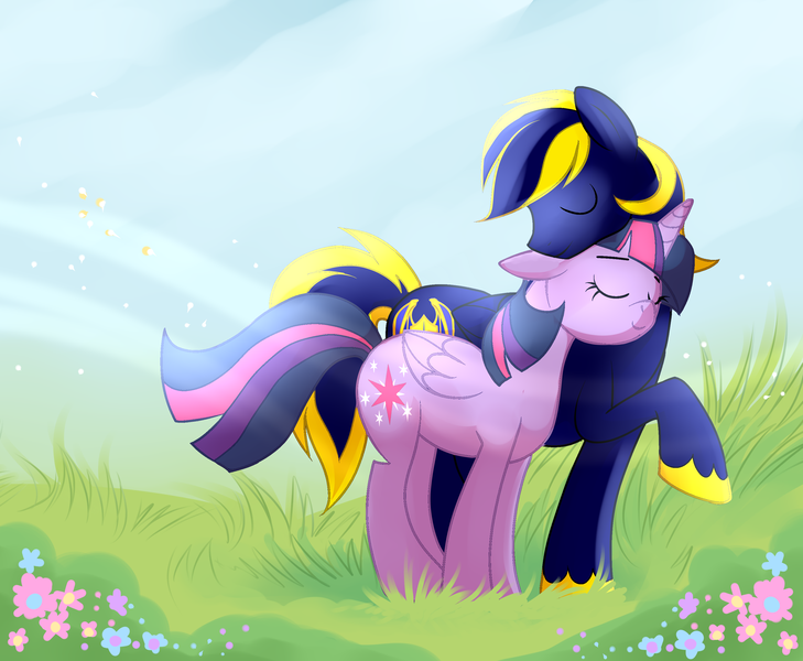 Size: 3012x2480 | Tagged: dead source, safe, artist:strychninehellfriend, derpibooru import, twilight sparkle, twilight sparkle (alicorn), oc, oc:zephyr, alicorn, pony, canon x oc, commission, crepuscular rays, eyes closed, female, field, floppy ears, flower, grass, mare, neck nuzzle, nuzzling, raised hoof, shipping, smiling, twiphyr