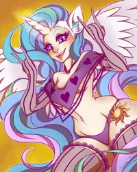 Size: 800x1000 | Tagged: anthro, artist:artofcarmen, beads, breasts, clothes, derpibooru import, female, gloves, human facial structure, panties, ponymania, princess celestia, solo, solo female, stockings, suggestive, underwear