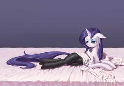 Size: 1978x1379 | Tagged: artist:dannylim86, bed, clothes, derpibooru import, female, lying, pantyhose, rarity, solo, solo female, suggestive, wet, wet mane, wet mane rarity