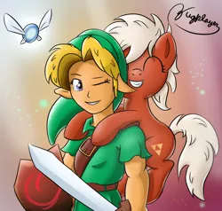 Size: 900x855 | Tagged: safe, artist:bugplayer, derpibooru import, ponified, earth pony, human, pony, epona, female, link, mare, navi, ponies riding humans, riding, the legend of zelda