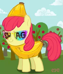 Size: 529x623 | Tagged: apple bloom, artist:mcponyponypony, banana, banana suit, derpibooru import, request, requested art, safe, shutter shades, solo, sunglasses, swag, sweet apple acres