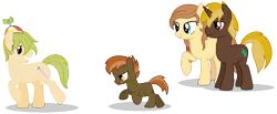 Size: 7286x3000 | Tagged: safe, artist:mythilas, derpibooru import, button mash, oc, oc:cream heart, earth pony, pony, unicorn, :p, absurd resolution, brother, brothers, chase, cute, family, father, hat, male, microchip, siblings, simple background, stallion, tongue out, transparent background, vector, wrench