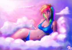 Size: 2383x1663 | Tagged: artist:somewhat redundant, bedroom eyes, blue underwear, bra, breasts, clothes, cloud, cloudy, crop top bra, cutie mark, derpibooru import, erect nipples, female, human, humanized, nudity, panties, rainbow dash, solo, solo female, suggestive, underwear