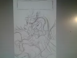 Size: 1280x960 | Tagged: safe, artist:stepandy, derpibooru import, discord, princess celestia, dislestia, eyes closed, female, floppy ears, hug, male, monochrome, shipping, sketch, spread wings, straight, traditional art