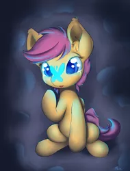 Size: 950x1250 | Tagged: safe, artist:alasou, deleted from derpibooru, derpibooru import, scootaloo, butterfly, pegasus, pony, crying, cute, cutealoo, insect on nose, looking at something, raised hoof, sitting, solo