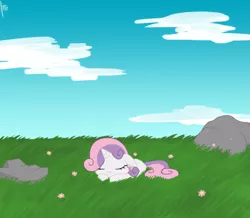 Size: 1757x1533 | Tagged: artist:sohawkus, cute, diasweetes, grass, resting, safe, sleeping, sleepy, solo, sweetie belle