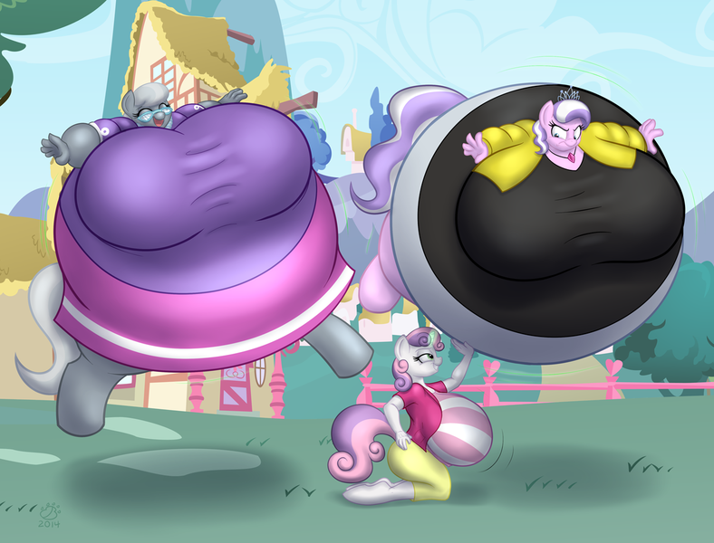 Size: 1280x975 | Tagged: anthro, artist:badgerben, big breasts, breasts, busty diamond tiara, busty silver spoon, busty sweetie belle, clothes, derpibooru import, diamond tiara, equestria girls outfit, eyes closed, female, glasses, huge breasts, impossibly large breasts, inflation, kneeling, magic, necklace, older, older diamond tiara, older silver spoon, older sweetie belle, open mouth, silver spoon, spell, suggestive, sweetie belle, unguligrade anthro