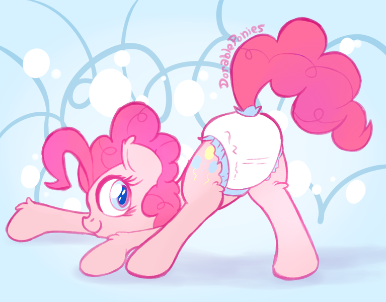 Size: 1063x832 | Tagged: questionable, artist:dorableponies, derpibooru import, pinkie pie, earth pony, pony, ageplay, colored pupils, diaper, diaper fetish, face down ass up, female, mare, solo, solo female