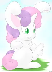 Size: 1750x2400 | Tagged: safe, artist:lamia, derpibooru import, sweetie belle, rabbit, bucktooth, bunnified, bunny belle, chest fluff, cute, diasweetes, fluffy, horn, raised leg, smiling, solo, species swap