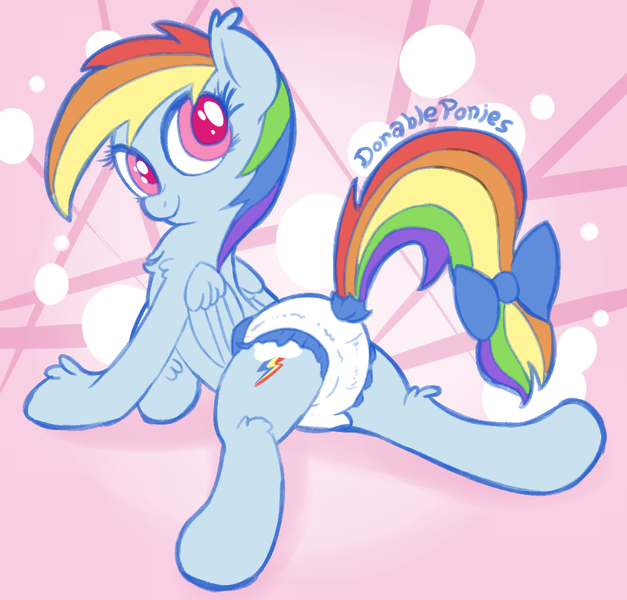 Size: 926x886 | Tagged: questionable, artist:dorableponies, derpibooru import, rainbow dash, pegasus, pony, ageplay, colored pupils, diaper, diaper fetish, female, mare, raised tail, solo, solo female