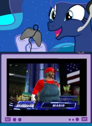 Size: 512x700 | Tagged: derpibooru import, exploitable meme, gamer luna, mario, meme, obligatory pony, playstation, princess luna, safe, smackdown, super mario bros., tv meme, video game, wrestling, wwe