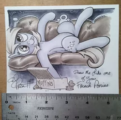 Size: 1188x1180 | Tagged: safe, artist:andypriceart, derpibooru import, derpy hooves, pegasus, pony, :p, andy you magnificent bastard, c:, couch, draw me like one of your french girls, female, mare, monochrome, muffin, ruler, side, smiling, solo, spread legs, tongue out