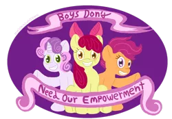 Size: 1280x891 | Tagged: safe, artist:clairicat, derpibooru import, apple bloom, scootaloo, sweetie belle, cutie mark crusaders, grin, heart eyes, hoof hold, looking at you, mouthpiece, old banner, sexism, sitting, smiling, underhoof, wingding eyes