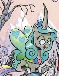 Size: 228x292 | Tagged: artist:andypriceart, changeling, changeling queen, cropped, dark mirror universe, derpibooru import, glasses, idw, queen chrysalis, reversalis, safe, smiling, solo