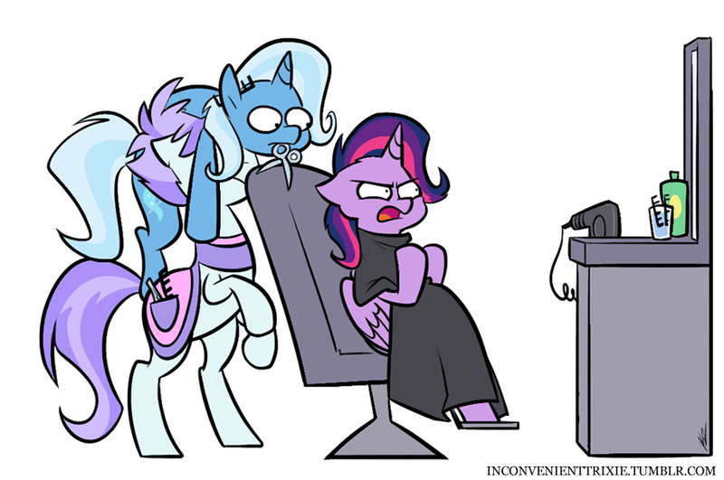 Size: 856x568 | Tagged: safe, artist:egophiliac, derpibooru import, roxie, roxie rave, trixie, twilight sparkle, twilight sparkle (alicorn), alicorn, earth pony, pony, unicorn, tumblr:inconvenient trixie, alternate hairstyle, angry, chair, female, hair dryer, haircut, inconvenient trixie, mare, mouth hold, rearing, scissors, simple background, sitting, sitting on head, tumblr, twilight is not amused, unamused, white background, woonoggles