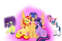 Size: 2338x1544 | Tagged: safe, artist:1231redflame, derpibooru import, comet tail, flash sentry, shining armor, sunset shimmer, twilight sparkle, twilight sparkle (alicorn), alicorn, pony, angry, female, flash sentry gets all the mares, flashimmer, flashlight, flashlightshimmer, kiss on the cheek, kiss sandwich, kissing, love triangle, male, mare, meme, overprotective armor, shipping, straight, this will end in tears, voodoo doll, waifu thief