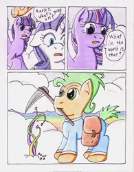 Size: 858x1098 | Tagged: safe, artist:the1king, derpibooru import, rarity, twilight sparkle, twilight sparkle (alicorn), ponified, alicorn, pony, comic:fluttershy and the rainbow factory, fanfic:rainbow factory, comic, female, floppy ears, mare, mouth hold, oompa loompa, open mouth, parody, raised eyebrow, scythe, traditional art, wide eyes, willy wonka