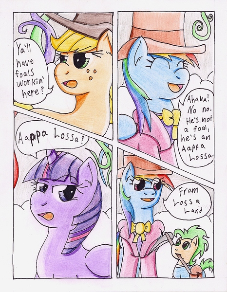 Size: 852x1097 | Tagged: semi-grimdark, artist:the1king, derpibooru import, applejack, rainbow dash, twilight sparkle, twilight sparkle (alicorn), alicorn, pony, comic:fluttershy and the rainbow factory, fanfic:rainbow factory, comic, female, mare, parody, traditional art, willy wonka