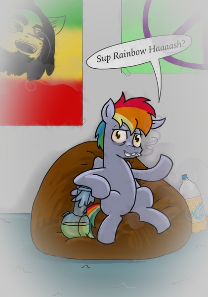 Size: 1079x1536 | Tagged: safe, artist:kill joy, derpibooru import, rainbow blaze, rainbow dash, pegasus, pony, bob marley, bong, drugs, high, marijuana, nerd, poster, pot, rainbow hash, red eyes, solo, stoner