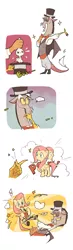 Size: 700x2400 | Tagged: safe, artist:raichi, derpibooru import, angel bunny, discord, fluttershy, card, clothes, comic, discoshy, dressup, female, hat, magic, magic trick, magician, male, pixiv, shipping, showgirl, straight, top hat, wand