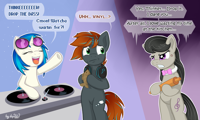 Size: 2239x1350 | Tagged: safe, artist:dsp2003, derpibooru import, octavia melody, vinyl scratch, oc, oc:thinker, earth pony, pony, unicorn, annoyed, bass guitar, comic, drop the bass, female, headphones, lesbian, male, mare, musical instrument, pun, scratchtavia, shipping