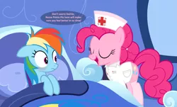 Size: 2433x1472 | Tagged: safe, artist:zacatron94, derpibooru import, pinkie pie, rainbow dash, alternate hairstyle, bed, blanket, blushing, clothes, dialogue, eyes closed, hat, lying down, nurse, nurse hat, nurse outfit, on back, on bed, open mouth, pillow, pinkiedash, shipping, shirt, show accurate, socks, speech bubble, stockings, uniform