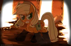 Size: 1236x800 | Tagged: safe, artist:ladyanidraws, derpibooru import, applejack, somepony to watch over me, determined, fire, fireproof boots, pigtails, solo, twintails