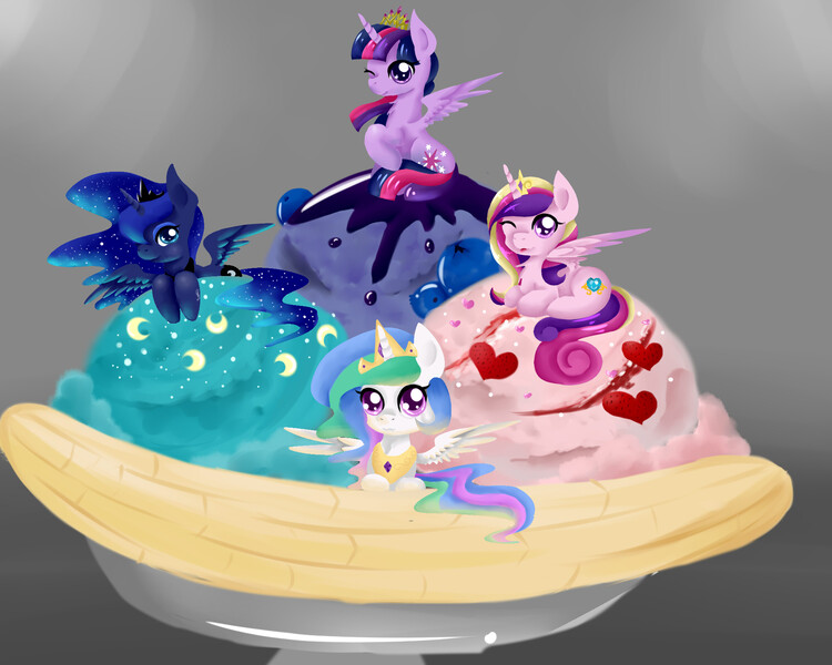 Size: 2000x1600 | Tagged: safe, artist:moeru789, derpibooru import, princess cadance, princess celestia, princess luna, twilight sparkle, twilight sparkle (alicorn), alicorn, pony, :3, alicorn tetrarchy, banana, blueberry, chibi, cute, female, ice cream, looking at you, mare, ponies in food, prone, sitting, spread wings, strawberries, strawberry, tiny ponies, tongue out, wink